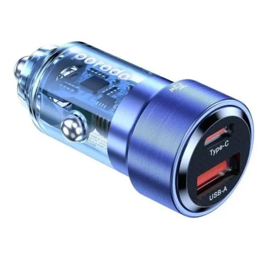 Porodo 75W Dual Port Transparent Aluminum Car Charger - Blue